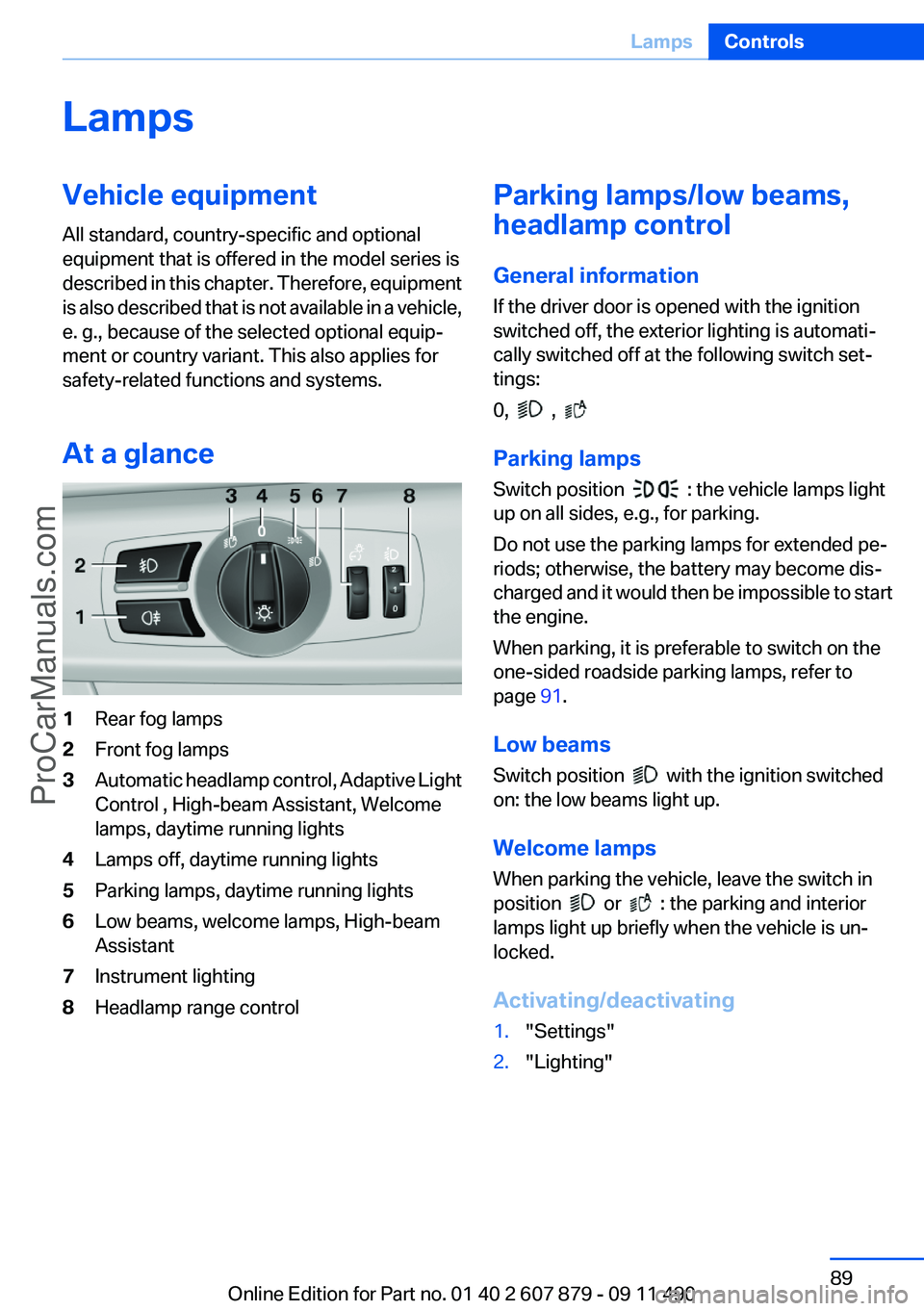 BMW 5 SERIES 2012 Manual Online LampsVehicle equipment
All standard, country-specific and optional
equipment that is offered in the model series is
described in this chapter. Therefore, equipment
is also described that is not availa