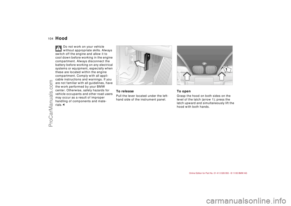 BMW M ROADSTER COUPE 2001  Owners Manual 104n
Do not work on your vehicle 
without appropriate skills. Always 
switch off the engine and allow it to 
cool down before working in the engine 
compartment. Always disconnect the 
battery before 