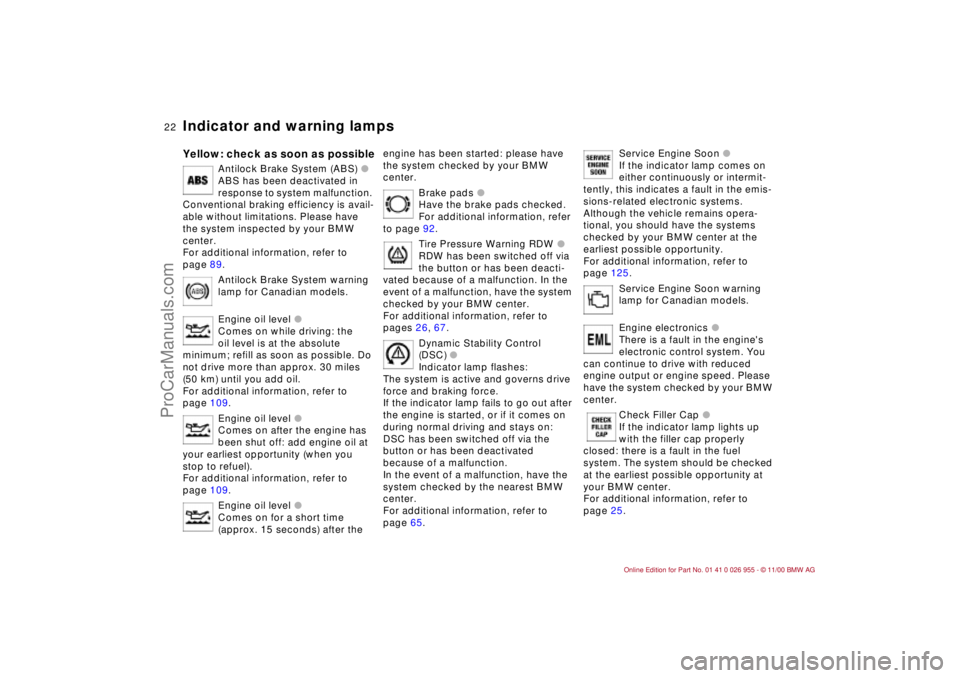 BMW M ROADSTER COUPE 2001 Owners Manual  
22n
 
Indicator and warning lamps
 
Yellow: check as soon as possible
 
Antilock Brake System (ABS) 
 
l
 
ABS has been deactivated in 
response to system malfunction. 
Conventional braking efficien