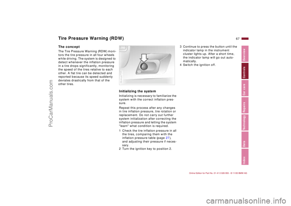BMW M ROADSTER COUPE 2001 Repair Manual 67n
IndexDataTechnologyRepairsCar careControlsOverview
Tire Pressure Warning (RDW)The conceptThe Tire Pressure Warning (RDW) moni-
tors the tire pressure in all four wheels
while driving. The system BMW M ROADSTER COUPE 2001 Repair Manual 67n
IndexDataTechnologyRepairsCar careControlsOverview
Tire Pressure Warning (RDW)The conceptThe Tire Pressure Warning (RDW) moni-
tors the tire pressure in all four wheels
while driving. The system