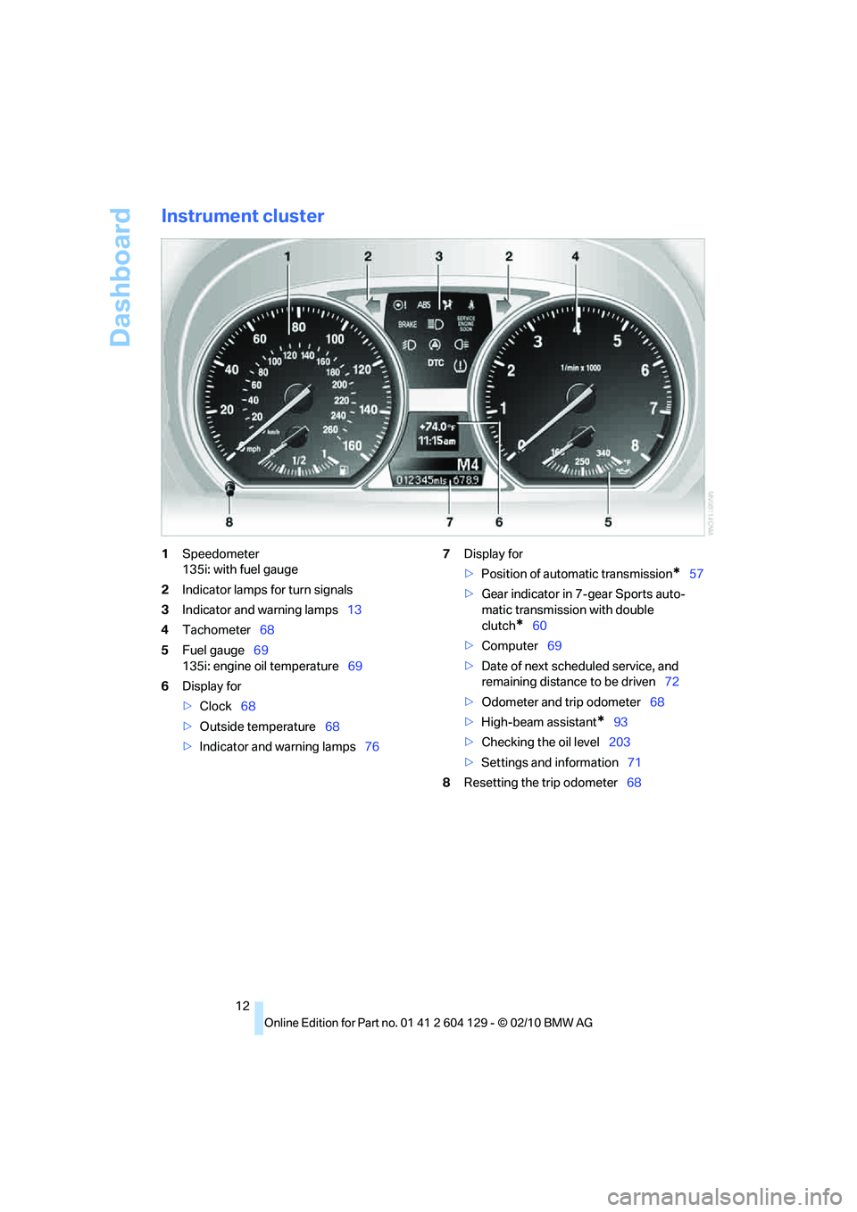 BMW 1 SERIES 2011  Owners Manual Dashboard
12
Instrument cluster
1Speedometer
135i: with fuel gauge
2Indicator lamps for turn signals
3Indicator and warning lamps13
4Tachometer68
5Fuel gauge69
135i: engine oil temperature69
6Display 