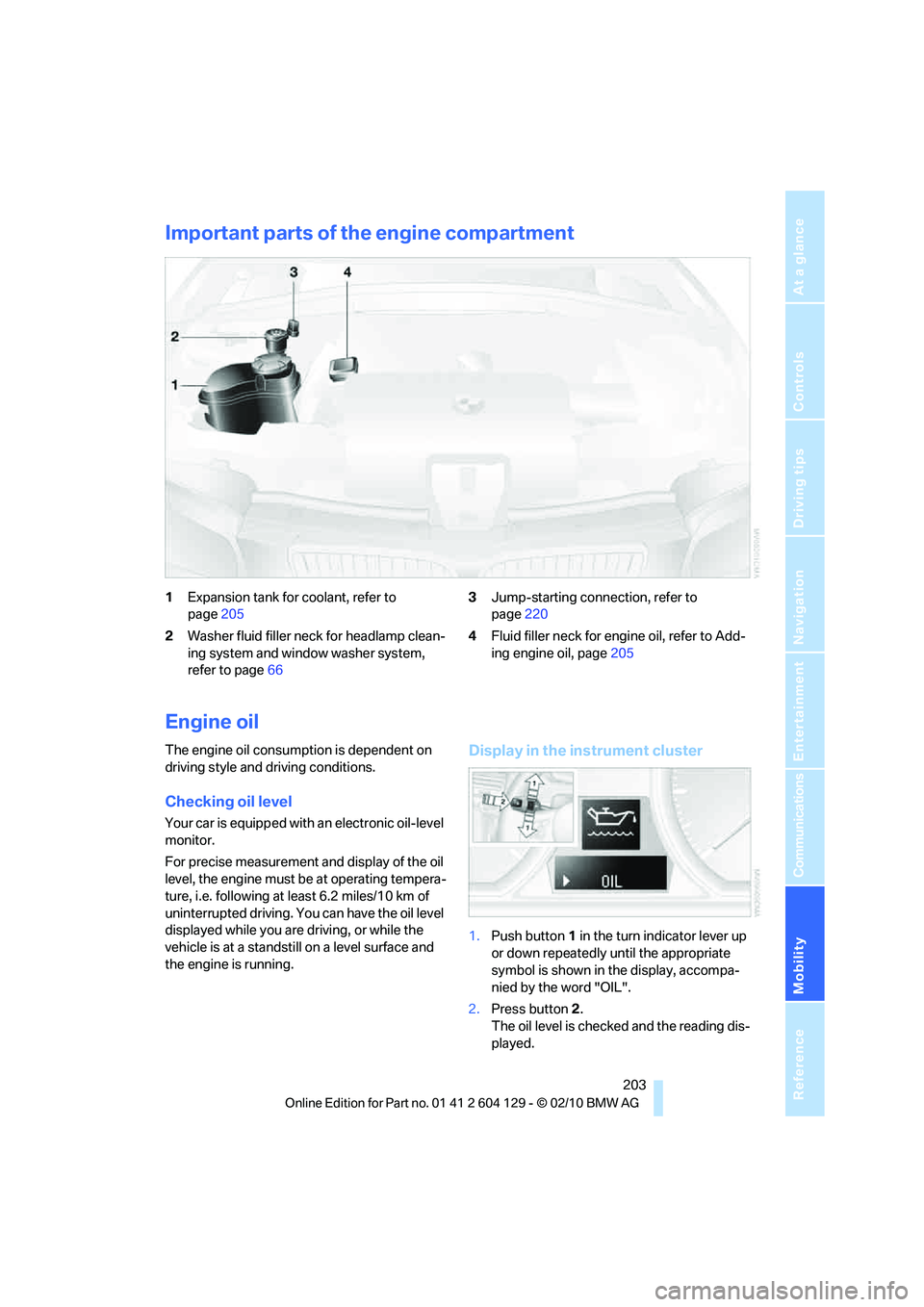 BMW 1 SERIES 2011  Owners Manual Mobility
 203Reference
At a glance
Controls
Driving tips
Communications
Navigation
Entertainment
Important parts of the engine compartment
1Expansion tank for coolant, refer to 
page205
2Washer fluid 