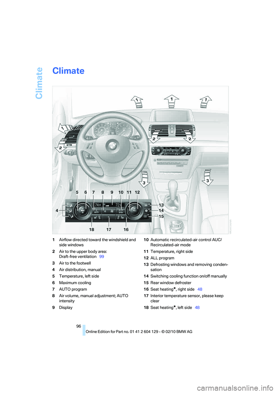 BMW 1 SERIES 2011 Owners Manual Climate
96
Climate
1Airflow directed toward the windshield and
side windows
2Air to the upper body area:
Draft-free ventilation99
3Air to the footwell
4Air distribution, manual
5Temperature, left si BMW 1 SERIES 2011 Owners Manual Climate
96
Climate
1Airflow directed toward the windshield and
side windows
2Air to the upper body area:
Draft-free ventilation99
3Air to the footwell
4Air distribution, manual
5Temperature, left si
