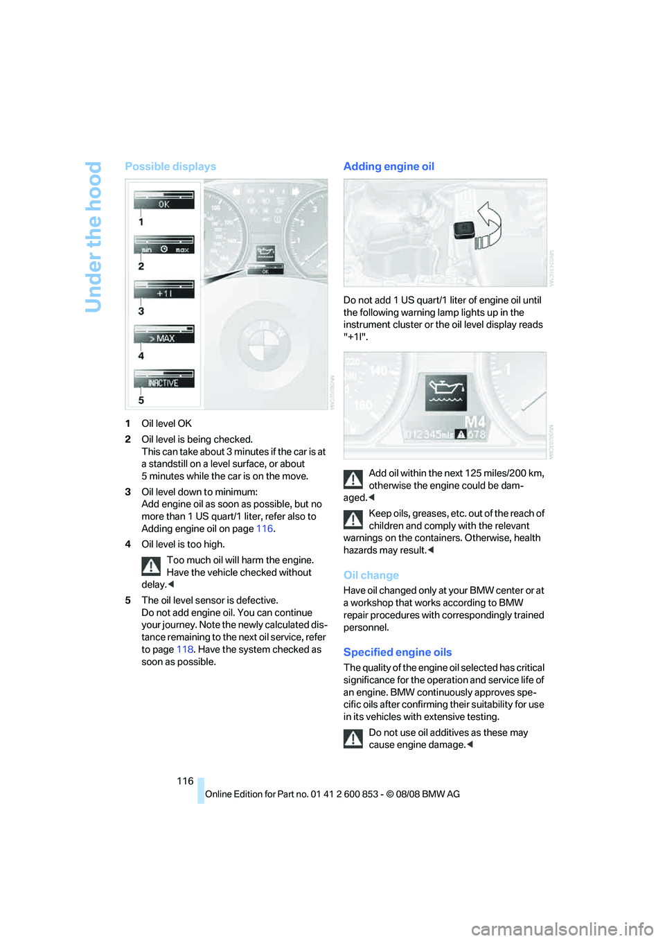 BMW 1 SERIES 2009  Owners Manual Under the hood
116
Possible displays
1Oil level OK
2Oil level is being checked.
This can take about 3 minutes if the car is at 
a standstill on a level surface, or about 
5 minutes while the car is on