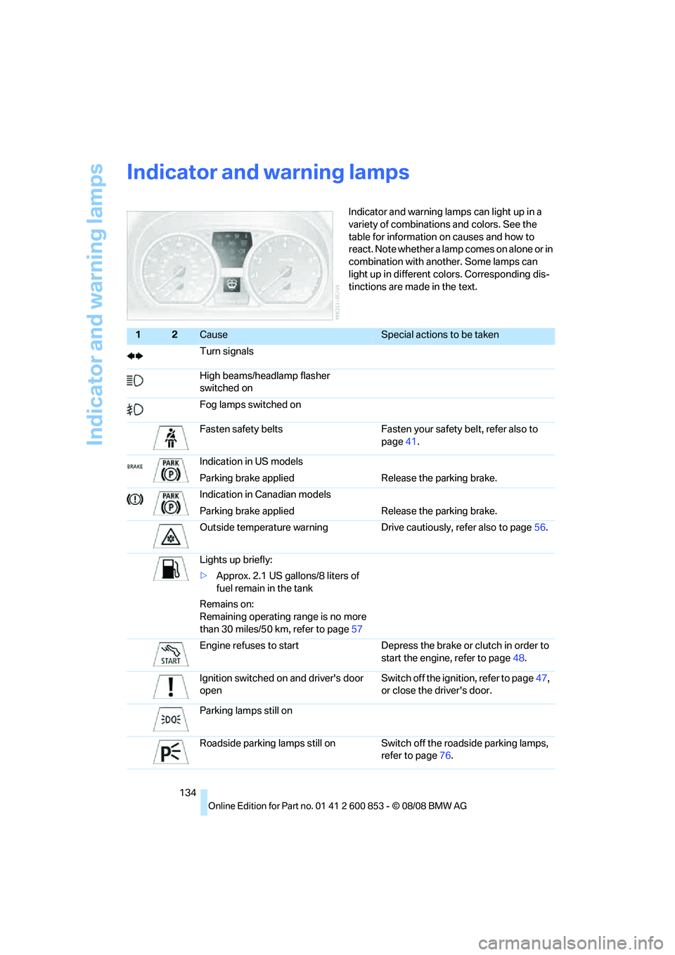 BMW 1 SERIES 2009 Owners Manual Indicator and warning lamps
134
Indicator and warning lamps
Indicator and warning lamps can light up in a
variety of combinations and colors. See the
table for information on causes and how to
reac BMW 1 SERIES 2009 Owners Manual Indicator and warning lamps
134
Indicator and warning lamps
Indicator and warning lamps can light up in a
variety of combinations and colors. See the
table for information on causes and how to
reac