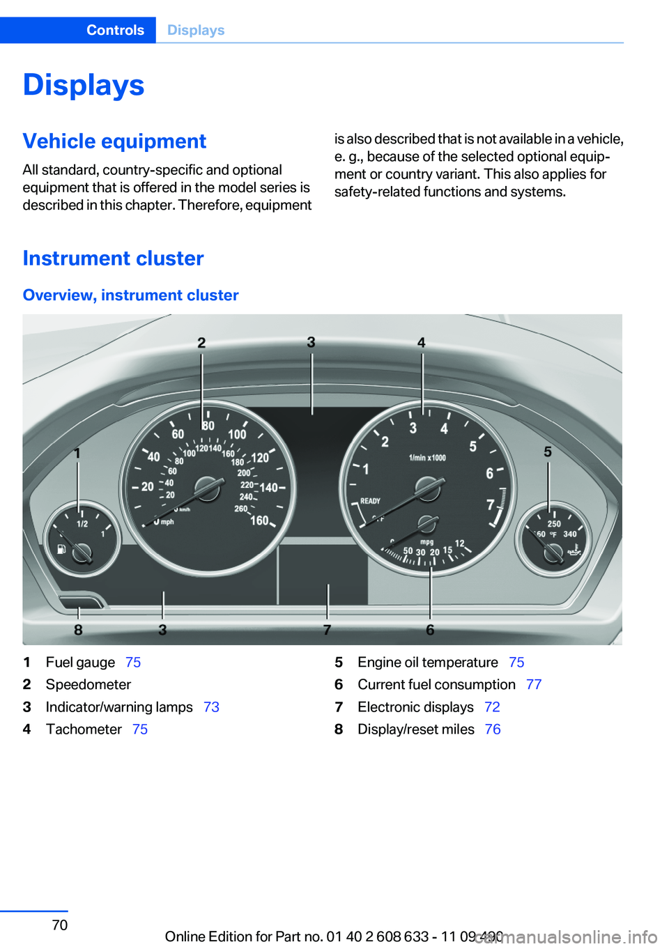 BMW 3 SERIES 2011 Repair Manual Displays
Vehicle equipment
All standard, country-specific and optional
equipment that is offered in the model series is
described in this chapter. Therefore, equipment
is also described that is not av BMW 3 SERIES 2011 Repair Manual Displays
Vehicle equipment
All standard, country-specific and optional
equipment that is offered in the model series is
described in this chapter. Therefore, equipment
is also described that is not av