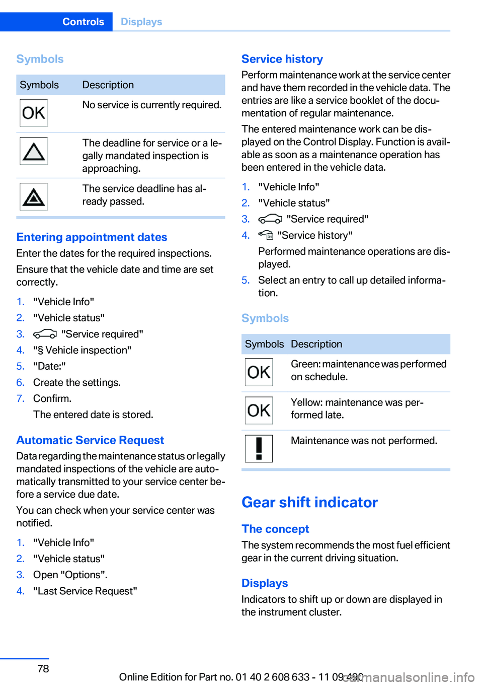 BMW 3 SERIES 2011 Manual PDF Symbols
Symbols Description
No service is currently required.
The deadline for service or a le‐
gally mandated inspection is
approaching.
The service deadline has al‐
ready passed.
Entering appoin BMW 3 SERIES 2011 Manual PDF Symbols
Symbols Description
No service is currently required.
The deadline for service or a le‐
gally mandated inspection is
approaching.
The service deadline has al‐
ready passed.
Entering appoin