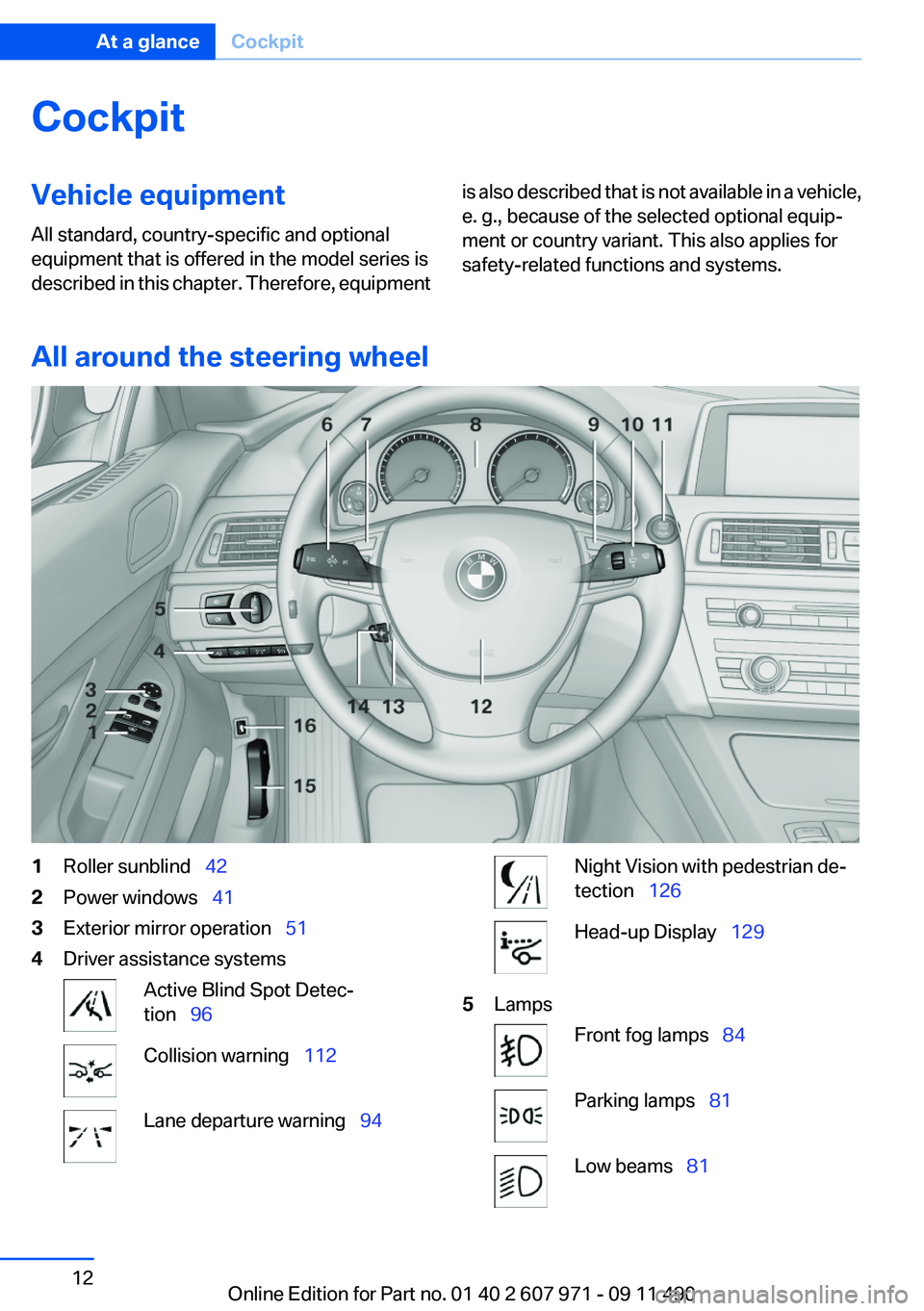 BMW 6 SERIES 2012  Owners Manual CockpitVehicle equipment
All standard, country-specific and optional
equipment that is offered in the model series is
described in this chapter. Therefore, equipmentis also described that is not avail