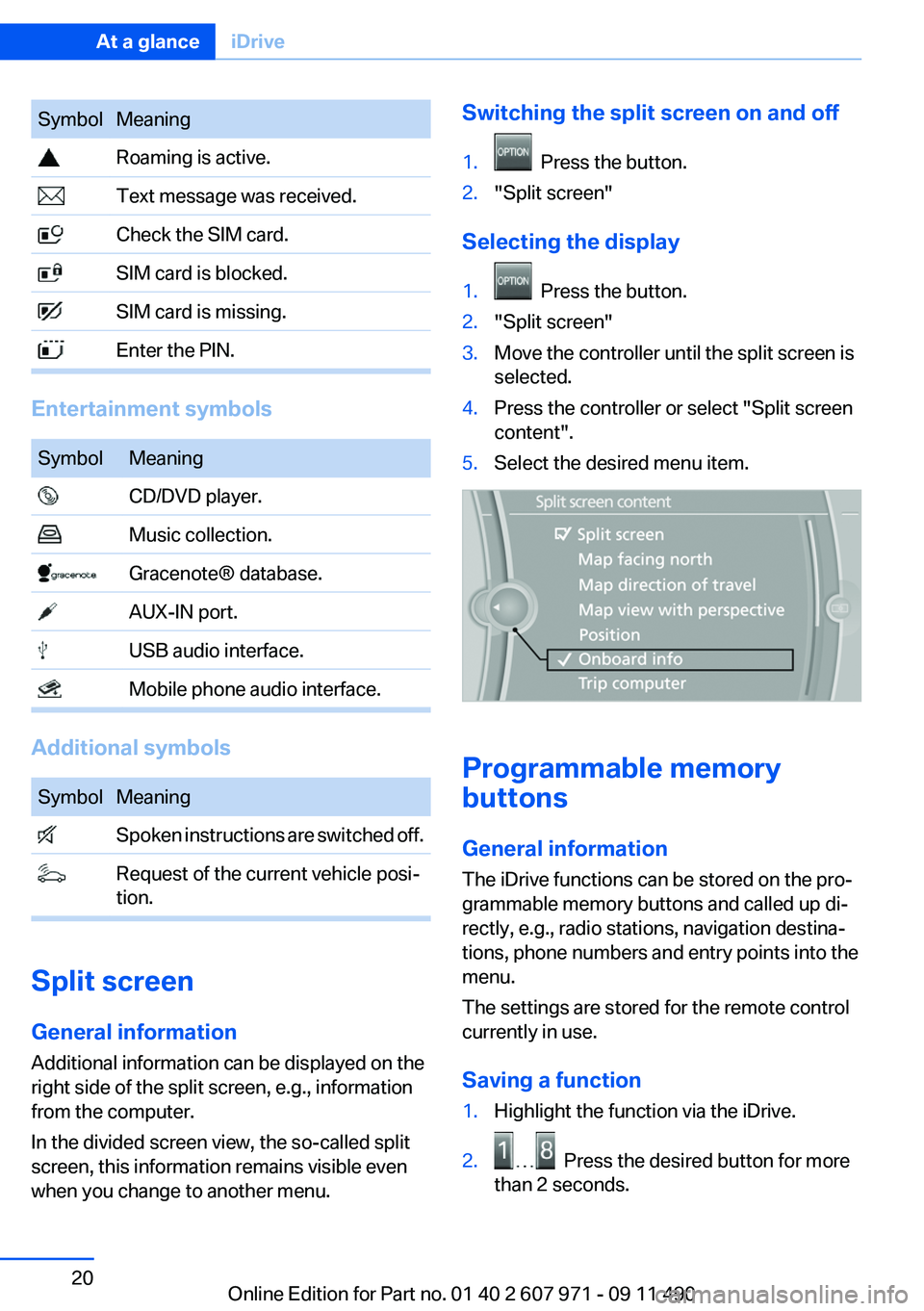 BMW 6 SERIES 2012 User Guide SymbolMeaning Roaming is active. Text message was received. Check the SIM card. SIM card is blocked. SIM card is missing. Enter the PIN.
Entertainment symbols
SymbolMeaning CD/DVD player. Music collec