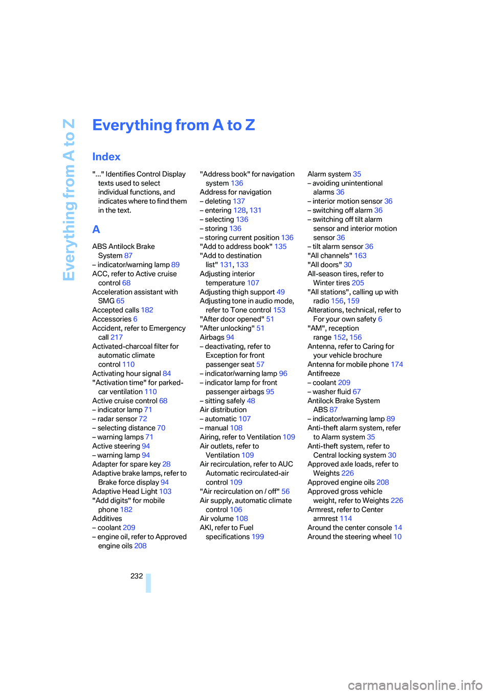 BMW 6 SERIES 2007  Owners Manual Everything from A to Z
232
Everything from A to Z
Index
"..." Identifies Control Display 
texts used to select 
individual functions, and 
indicates where to find them 
in the text.
A
ABS Antilock Bra