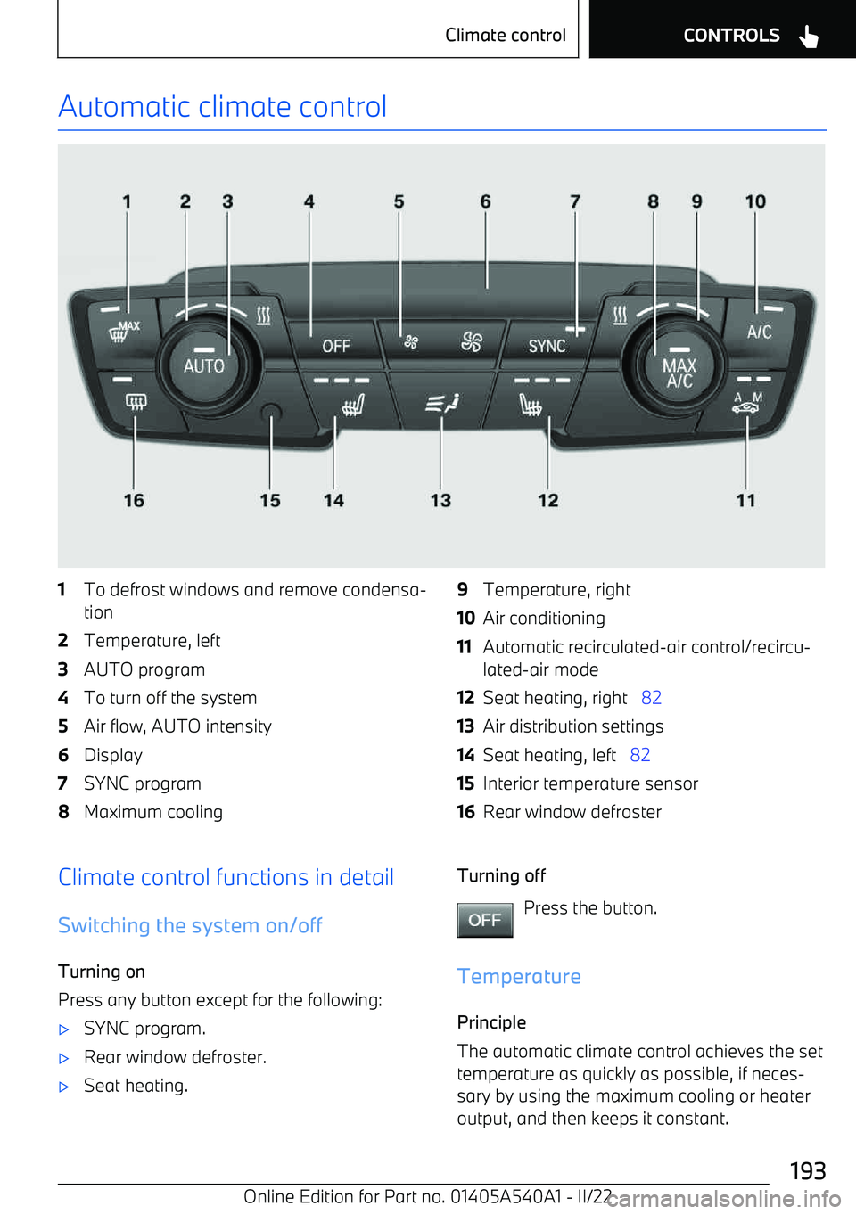 BMW X2 2023  Owners Manual Automatic climate control1To defrost windows and remove condensa