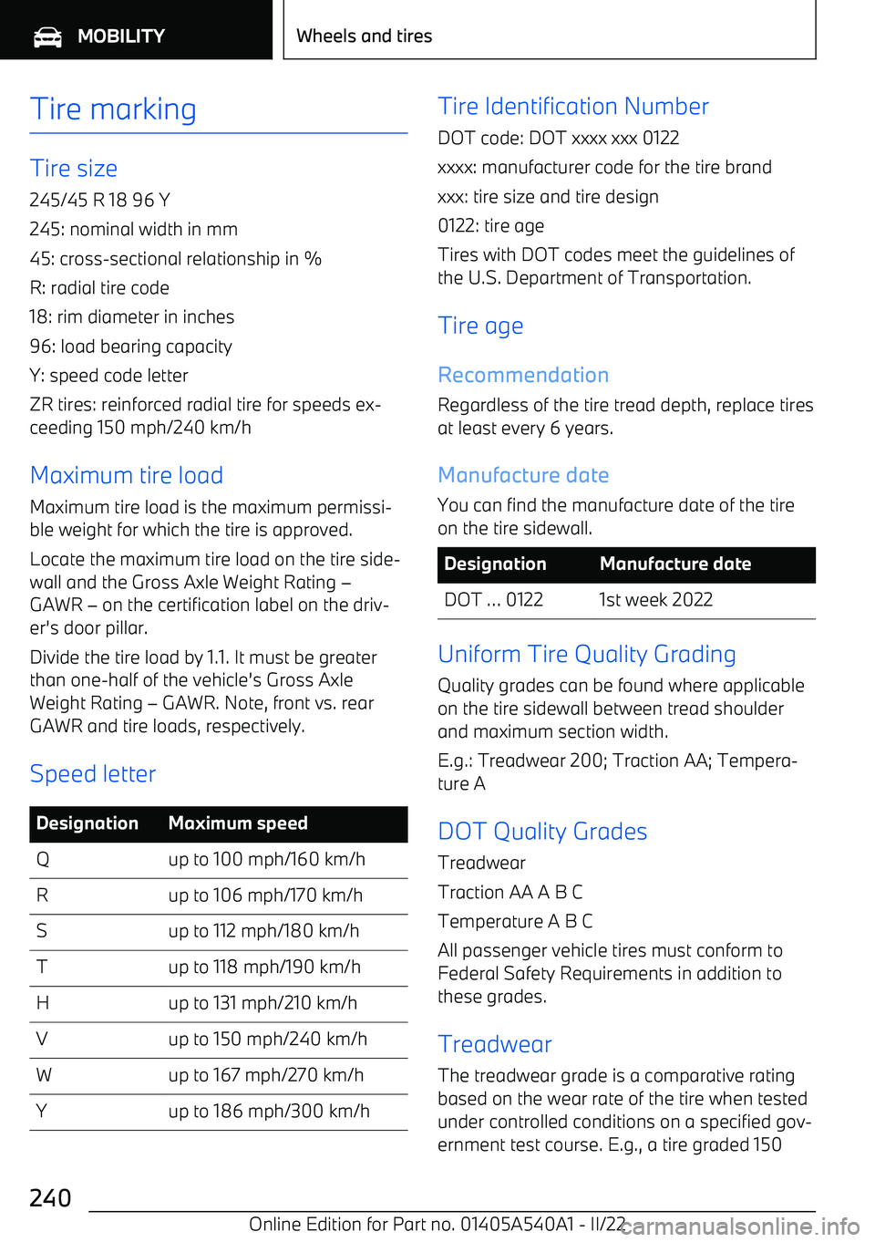 BMW X2 2023  Owners Manual Tire marking
Tire size
245/45 R 18 96 Y
245: nominal width in mm
45: cross