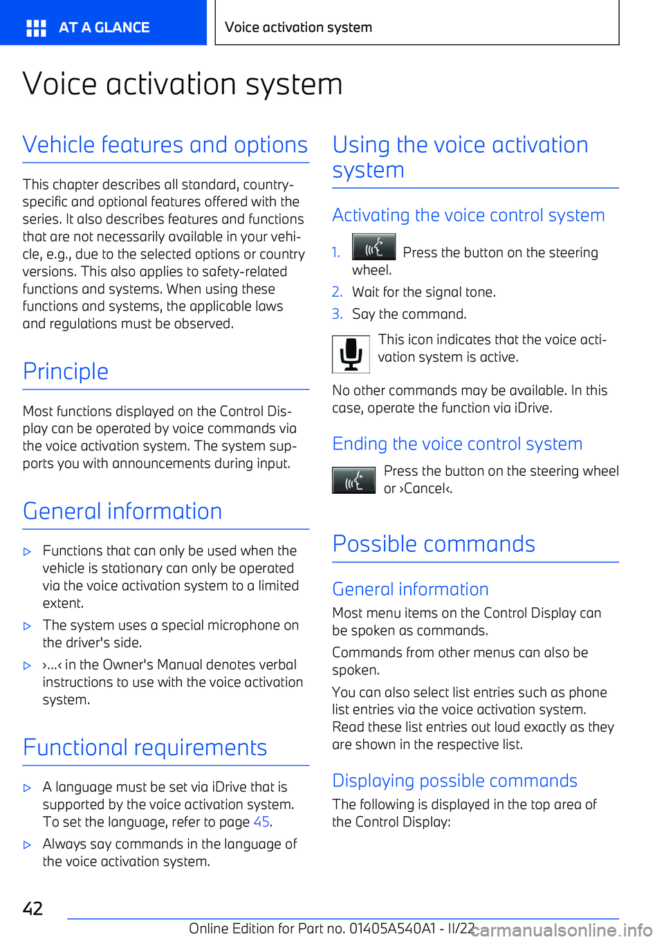 BMW X2 2023 Service Manual Voice activation systemVehicle features and options
This chapter describes all standard, country BMW X2 2023 Service Manual Voice activation systemVehicle features and options
This chapter describes all standard, country