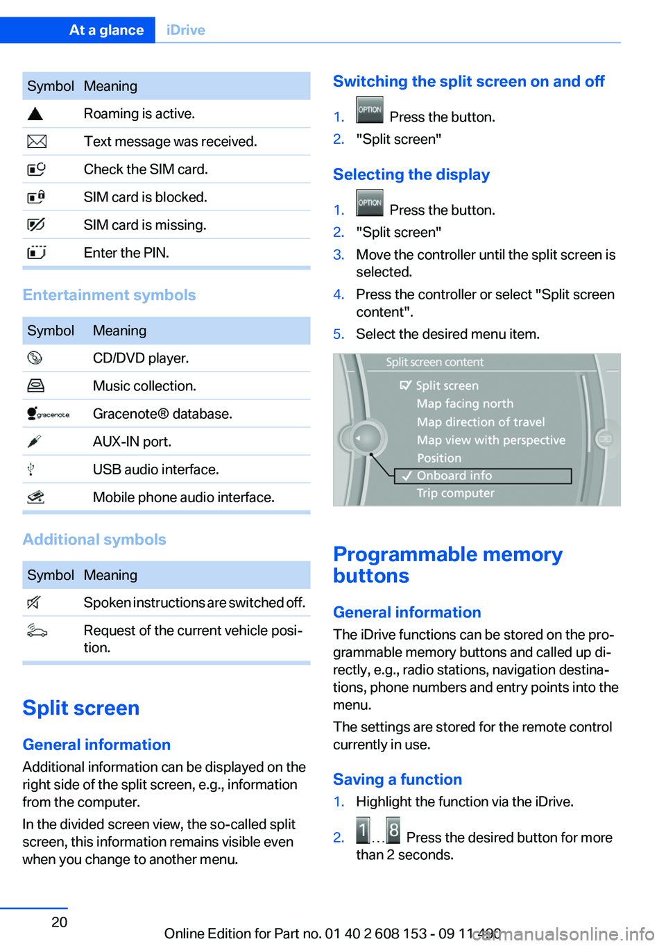 BMW X3 2012 User Guide SymbolMeaning Roaming is active. Text message was received. Check the SIM card. SIM card is blocked. SIM card is missing. Enter the PIN.
Entertainment symbols
SymbolMeaning CD/DVD player. Music collec