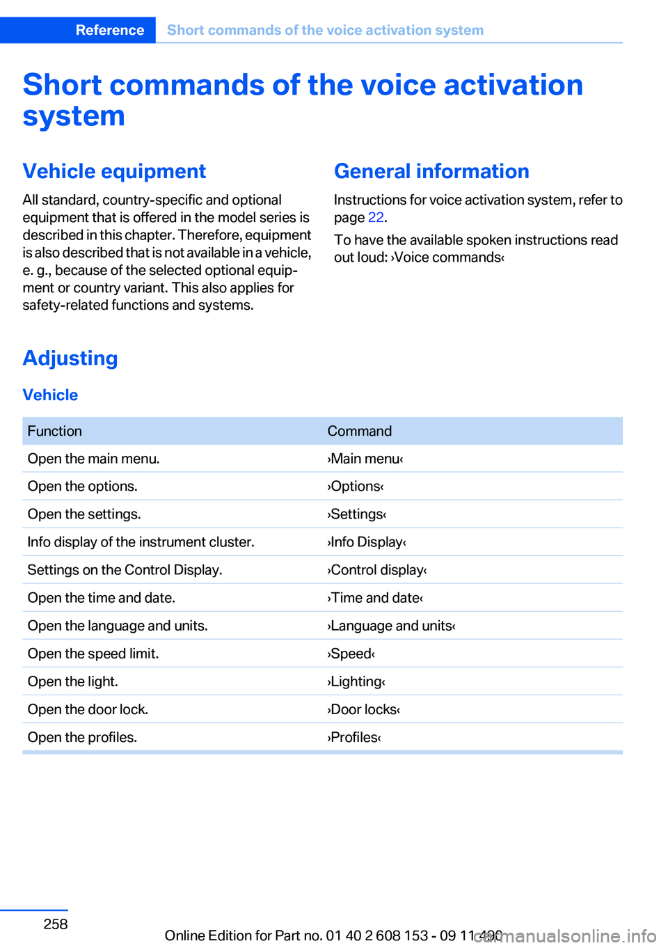 BMW X3 2012 Owners Manual Short commands of the voice activation
systemVehicle equipment
All standard, country-specific and optional
equipment that is offered in the model series is
described in this chapter. Therefore, equipm BMW X3 2012 Owners Manual Short commands of the voice activation
systemVehicle equipment
All standard, country-specific and optional
equipment that is offered in the model series is
described in this chapter. Therefore, equipm
