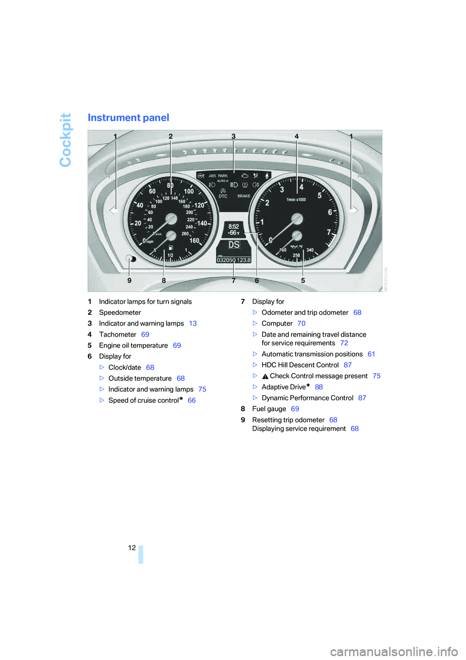BMW X6 2008 User Guide Cockpit
12
Instrument panel
1Indicator lamps for turn signals
2Speedometer
3Indicator and warning lamps13
4Tachometer69
5Engine oil temperature69
6Display for
>Clock/date68
>Outside temperature68
>Ind BMW X6 2008 User Guide Cockpit
12
Instrument panel
1Indicator lamps for turn signals
2Speedometer
3Indicator and warning lamps13
4Tachometer69
5Engine oil temperature69
6Display for
>Clock/date68
>Outside temperature68
>Ind
