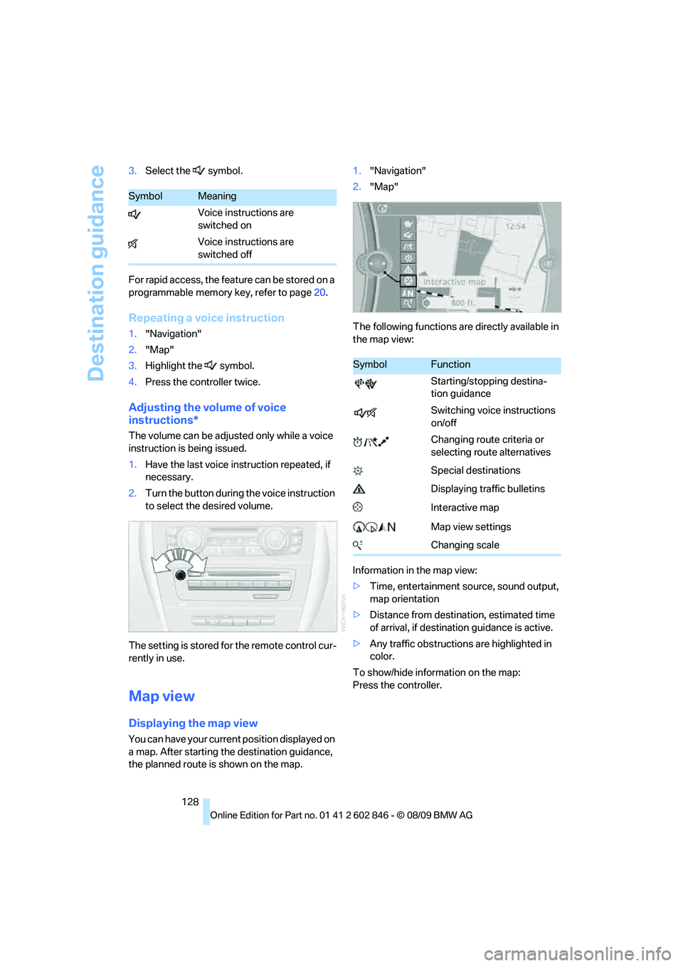 BMW 128I CONVERTIBLE 2010  Owners Manual Destination guidance
128 3.Select the  symbol.
For rapid access, the feature can be stored on a 
programmable memory key, refer to page20.
Repeating a voice instruction
1."Navigation"
2."Map"
3.Highli