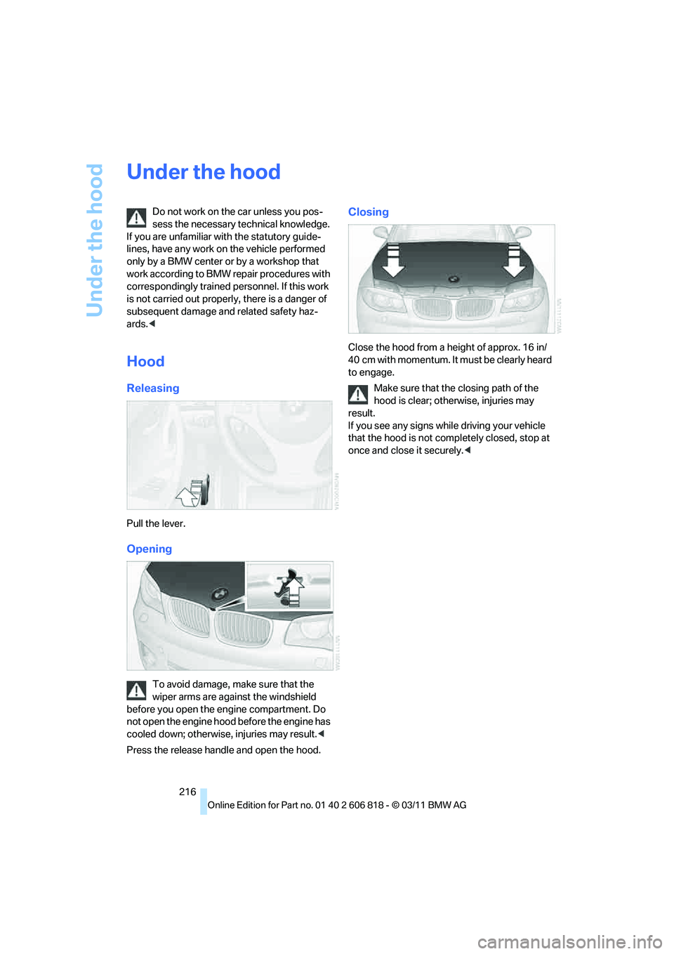 BMW 128I COUPE 2012  Owners Manual Under the hood
216
Under the hood
Do not work on the car unless you pos-
sess the necessary technical knowledge. 
If you are unfamiliar with the statutory guide-
lines, have any work on the vehicle pe