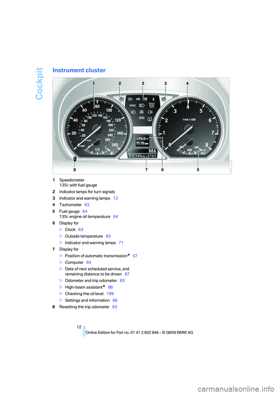BMW 128I COUPE 2010 User Guide Cockpit
12
Instrument cluster
1Speedometer
135i: with fuel gauge
2Indicator lamps for turn signals
3Indicator and warning lamps13
4Tachometer63
5Fuel gauge64
135i: engine oil temperature64
6Display fo