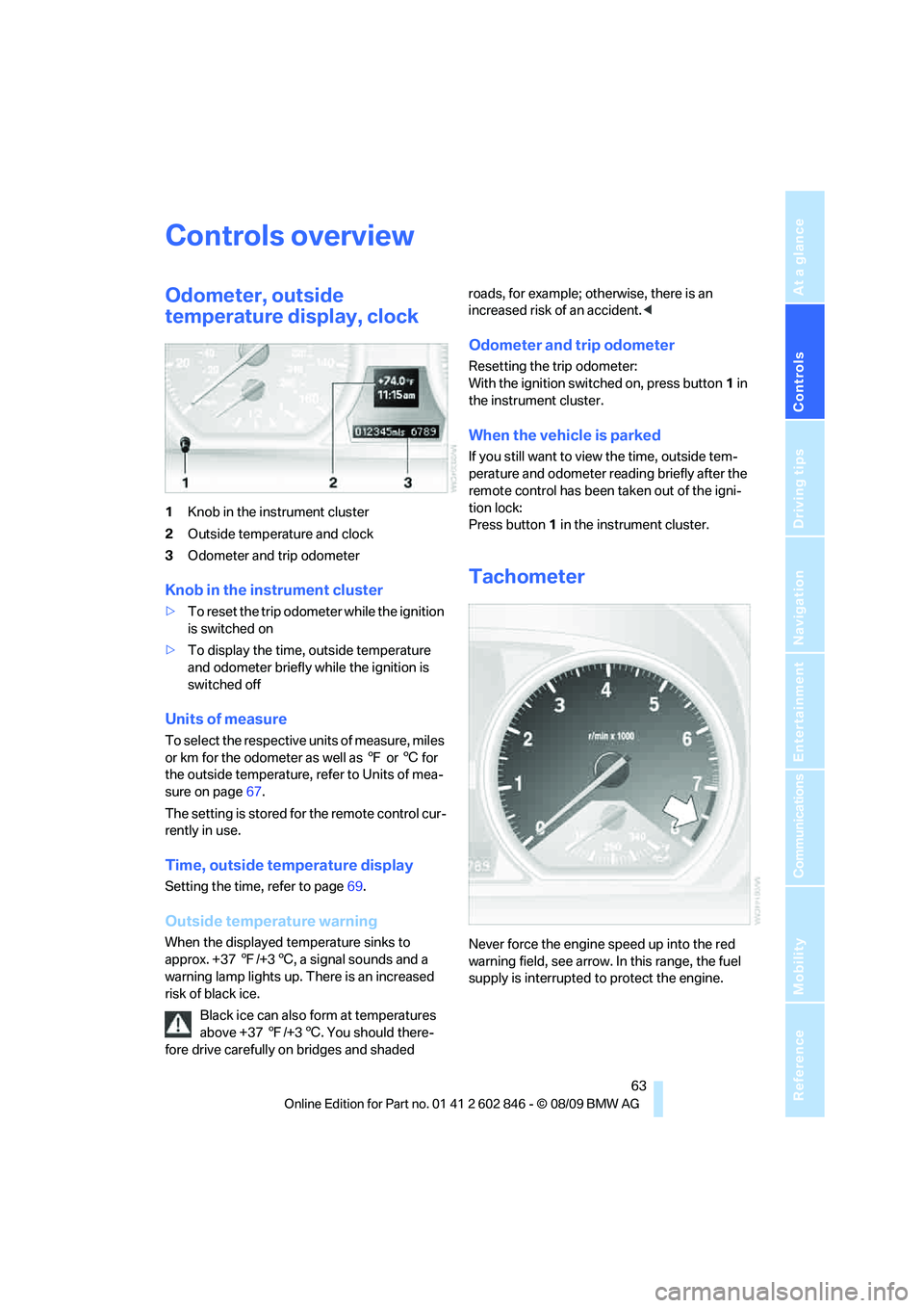 BMW 128I COUPE 2010 Repair Manual Controls
63Reference
At a glance
Driving tips
Communications
Navigation
Entertainment
Mobility
Controls overview
Odometer, outside
temperature display, clock
1Knob in the instrument cluster
2Outside BMW 128I COUPE 2010 Repair Manual Controls
63Reference
At a glance
Driving tips
Communications
Navigation
Entertainment
Mobility
Controls overview
Odometer, outside
temperature display, clock
1Knob in the instrument cluster
2Outside