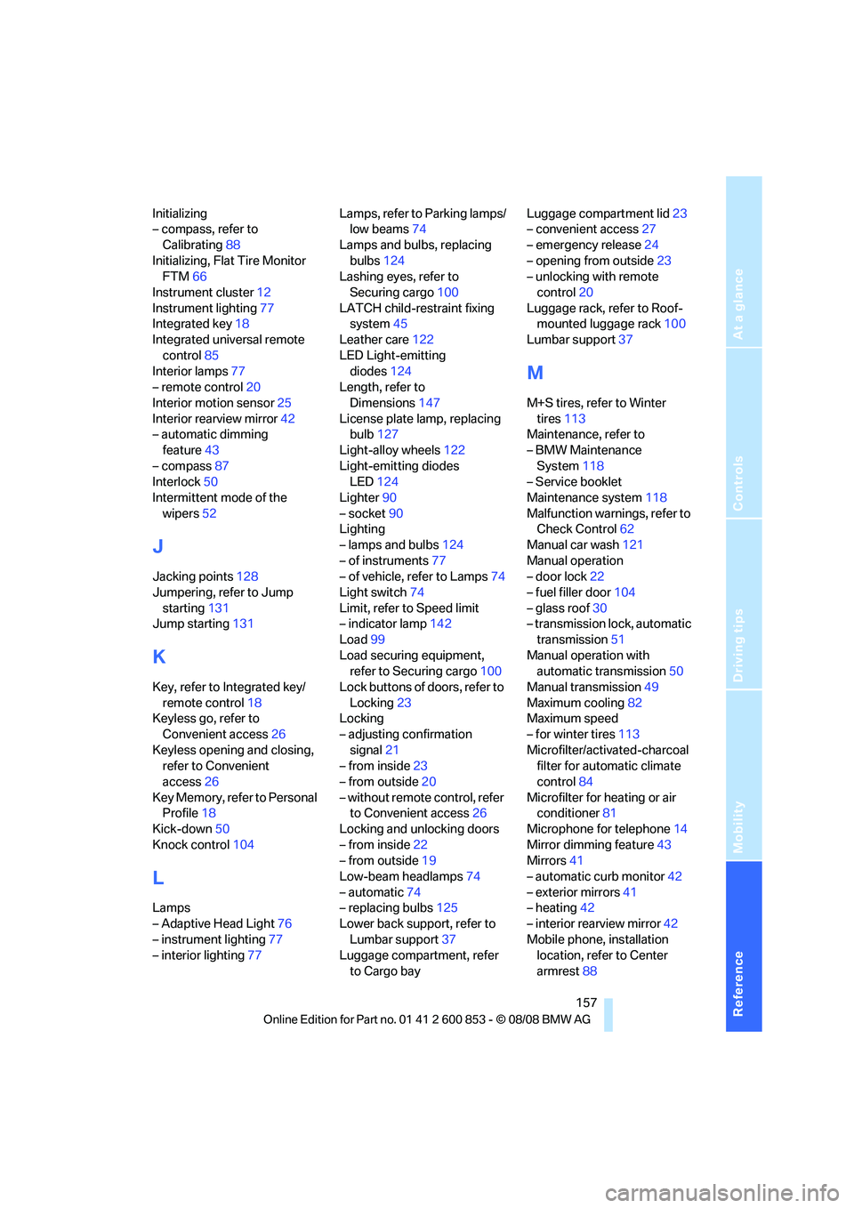 BMW 135I CONVERTIBLE 2009  Owners Manual Reference
At a glance
Controls
Driving tips
Mobility
 157
Initializing
– compass, refer to 
Calibrating88
Initializing, Flat Tire Monitor 
FTM66
Instrument cluster12
Instrument lighting77
Integrated