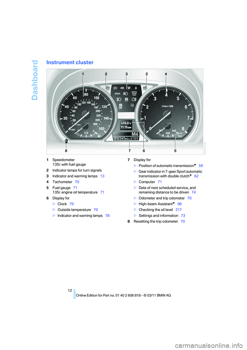 BMW 135I COUPE 2012 User Guide Dashboard
12
Instrument cluster
1Speedometer
135i: with fuel gauge
2Indicator lamps for turn signals
3Indicator and warning lamps13
4Tachometer70
5Fuel gauge71
135i: engine oil temperature71
6Display BMW 135I COUPE 2012 User Guide Dashboard
12
Instrument cluster
1Speedometer
135i: with fuel gauge
2Indicator lamps for turn signals
3Indicator and warning lamps13
4Tachometer70
5Fuel gauge71
135i: engine oil temperature71
6Display