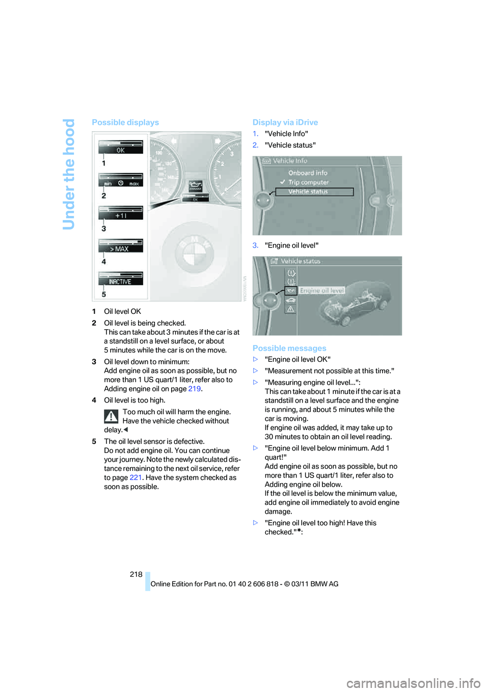 BMW 135I COUPE 2012  Owners Manual Under the hood
218
Possible displays
1Oil level OK
2Oil level is being checked.
This can take about 3 minutes if the car is at 
a standstill on a level surface, or about 
5 minutes while the car is on