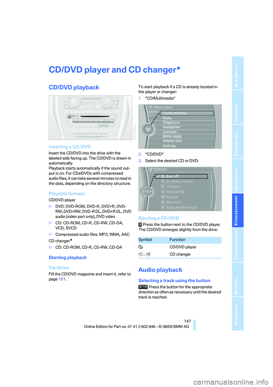 BMW 135I COUPE 2010  Owners Manual Navigation
Entertainment
Driving tips
 147Reference
At a glance
Controls
Communications
Mobility
CD/DVD player and CD changer
CD/DVD playback
Inserting a CD / DVD
Insert the CD/DVD into the drive with