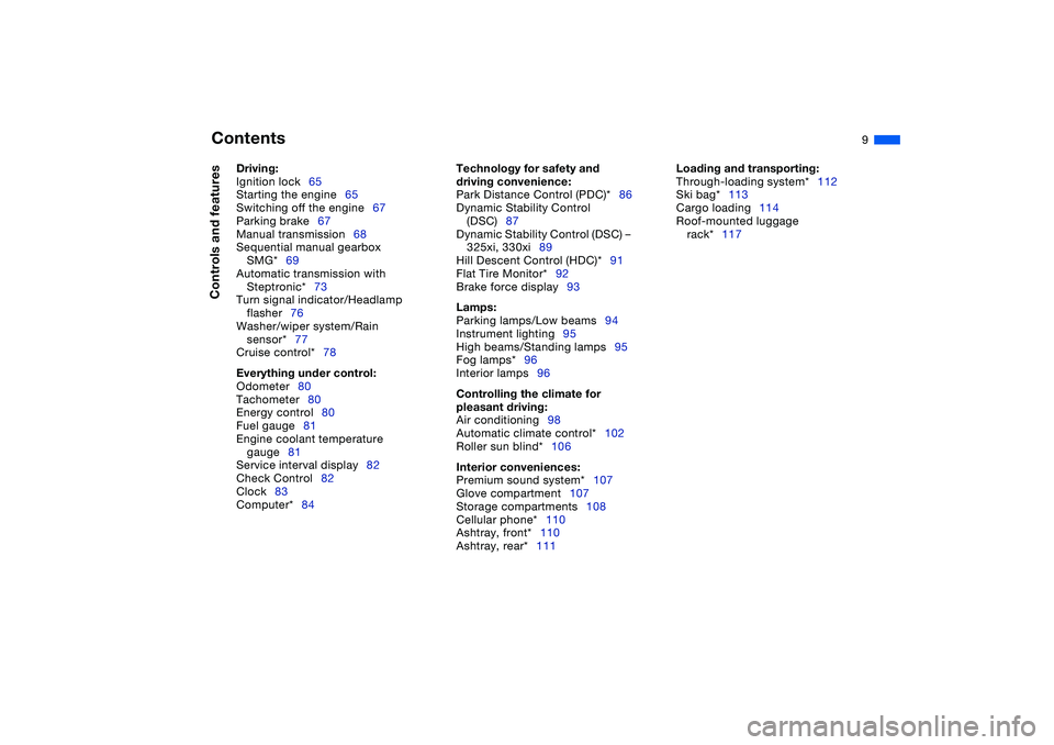 BMW 320i 2004  Owners Manual  
Contents
 
9
 
Driving:
 
Ignition lock65
Starting the engine65
Switching off the engine67
Parking brake67
Manual transmission68
Sequential manual gearbox 
SMG*69
Automatic transmission with 
Steptr