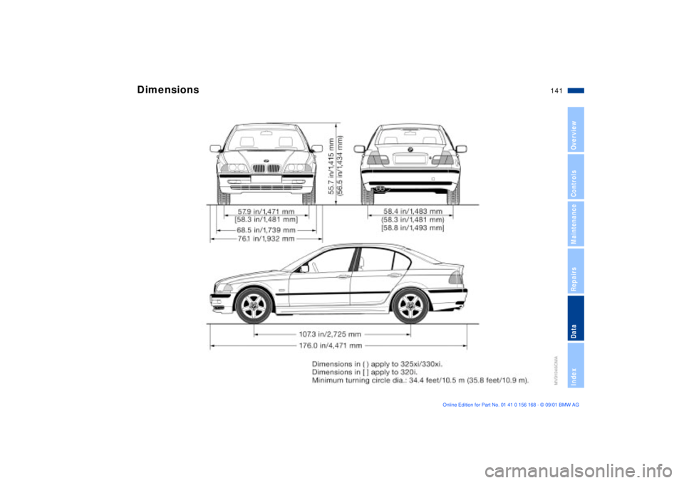 BMW 320i 2002  Owners Manual 141n
OverviewControlsMaintenanceRepairsDataIndex
Dimensions 