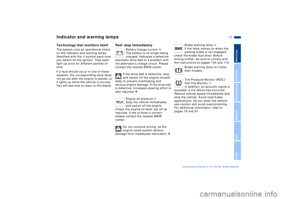 BMW 320i 2002  Owners Manual  
17n
 
OverviewControlsMaintenanceRepairsDataIndex
 
Indicator and warning lamps 
 
Technology that monitors itself 
 
The system runs an operational check 
on the indicator and warning lamps 
identi