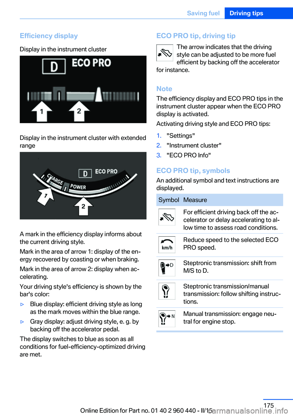 BMW 320i SEDAN 2016 Owners Manual Efficiency displayDisplay in the instrument clusterDisplay in the instrument cluster with extended
range
A mark in the efficiency display informs about
the current driving style.
Mark in the area of a BMW 320i SEDAN 2016 Owners Manual Efficiency displayDisplay in the instrument clusterDisplay in the instrument cluster with extended
range
A mark in the efficiency display informs about
the current driving style.
Mark in the area of a