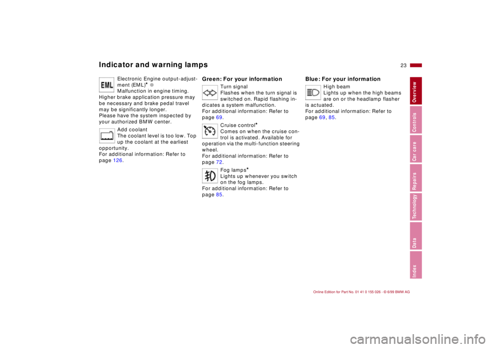 BMW 323Ci 2000  Owners Manual 23n
RepairsIndexOverview Controls Car care Technology Data
Indicator and warning lamps
Electronic Engine output-adjust-
ment (EML)
* l 
Malfunction in engine timing. 
Higher brake application pressure