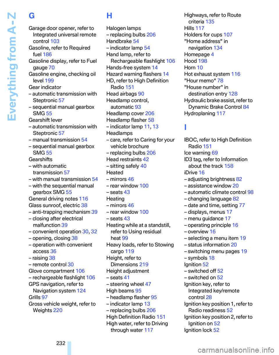 BMW 323i 2006  Owners Manual Everything from A - Z
232
G
Garage door opener, refer to 
Integrated universal remote 
control103
Gasoline, refer to Required 
fuel186
Gasoline display, refer to Fuel 
gauge70
Gasoline engine, checkin