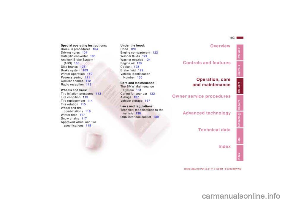 BMW 323i 2000  Owners Manual Overview
Controls and features
Operation, care
and maintenance
Owner service procedures
Technical data
Index Advanced technology
103n
IndexDataTechnologyRepairsCar careControlsOverview
Special operati