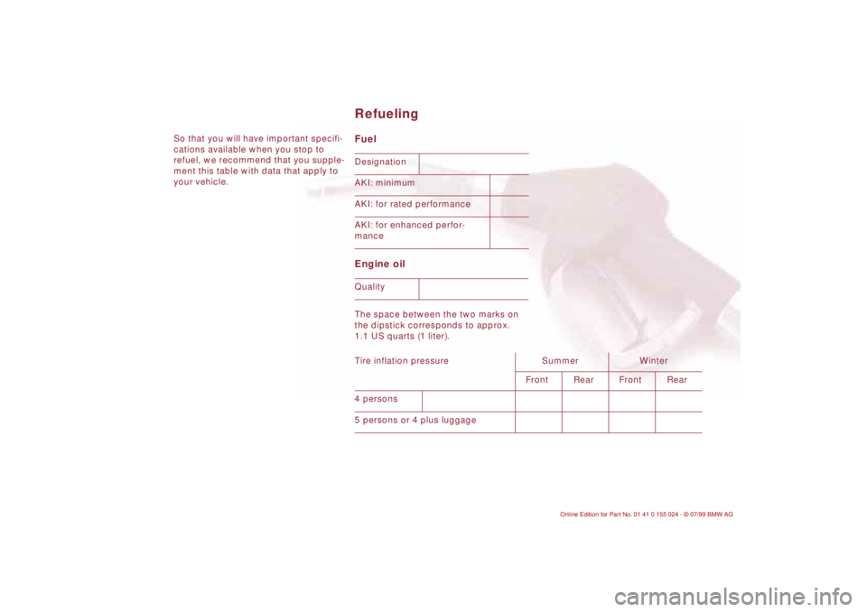 BMW 323i 2000  Owners Manual So that you will have important specifi-
cations available when you stop to 
refuel, we recommend that you supple-
ment this table with data that apply to 
your vehicle. 
Fuel 
Engine oil The space be