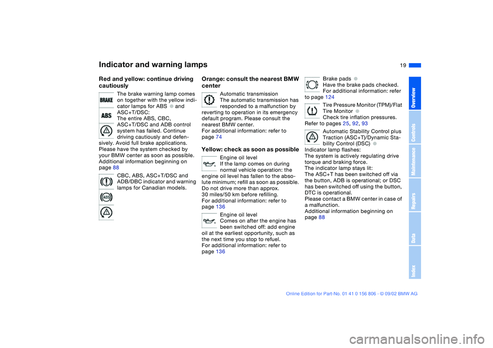 BMW 325Ci 2003  Owners Manual  
19
 
Red and yellow: continue driving 
cautiously
 
The brake warning lamp comes 
on together with the yellow indi-
cator lamps for ABS
 
●
 
 and 
ASC+T/DSC:
The entire ABS, CBC, 
ASC+T/DSC and A