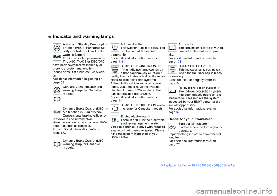 BMW 325Ci 2003 User Guide
20
Automatic Stability Control plus
Traction (ASC+T)/Dynamic Sta-
bility Control (DSC) and brake
warning lamp
●
The indicator lamps remain on:
The ASC+T/ADB or DSC/DTC
have been switched of BMW 325Ci 2003 User Guide
20
Automatic Stability Control plus
Traction (ASC+T)/Dynamic Sta-
bility Control (DSC) and brake
warning lamp
●
The indicator lamps remain on:
The ASC+T/ADB or DSC/DTC
have been switched of
