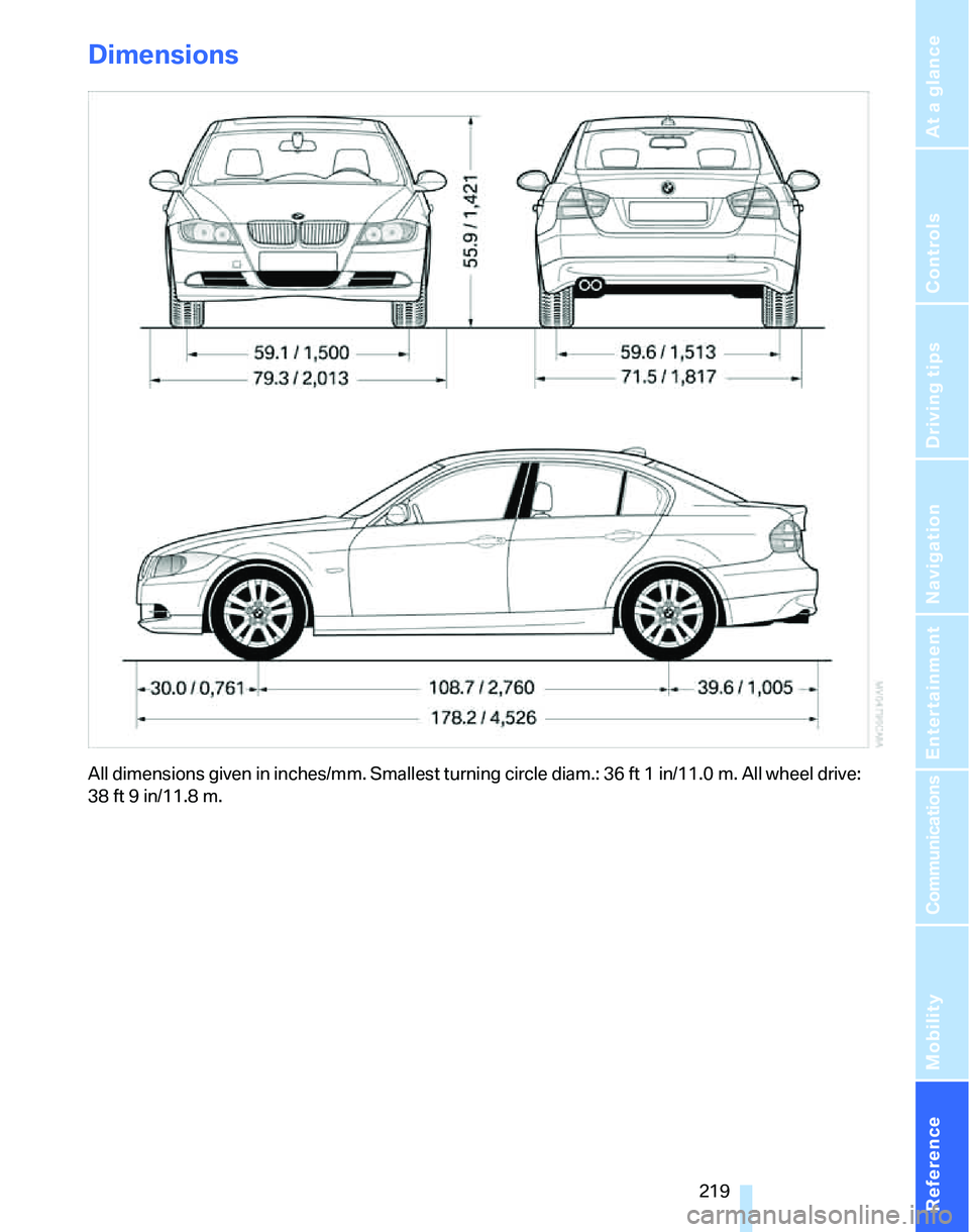 BMW 325I 2006 Owners Manual Reference 219
At a glance
Controls
Driving tips
Communications
Navigation
Entertainment
Mobility
Dimensions
All dimensions given in inches/mm. Smallest turning circle diam.: 36 ft 1 in/11.0 m. All whe BMW 325I 2006 Owners Manual Reference 219
At a glance
Controls
Driving tips
Communications
Navigation
Entertainment
Mobility
Dimensions
All dimensions given in inches/mm. Smallest turning circle diam.: 36 ft 1 in/11.0 m. All whe