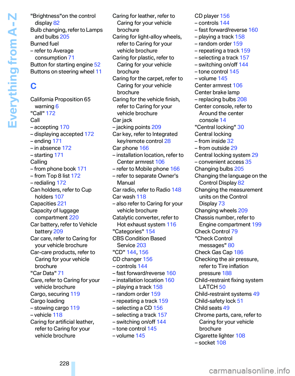 BMW 325I 2006 Owners Manual Everything from A - Z
228 "Brightness"on the control
display82
Bulb changing, refer to Lamps
and bulbs205
Burned fuel
– refer to Average
consumption71
Button for starting engine52
Buttons on stee BMW 325I 2006 Owners Manual Everything from A - Z
228 "Brightness"on the control
display82
Bulb changing, refer to Lamps
and bulbs205
Burned fuel
– refer to Average
consumption71
Button for starting engine52
Buttons on stee