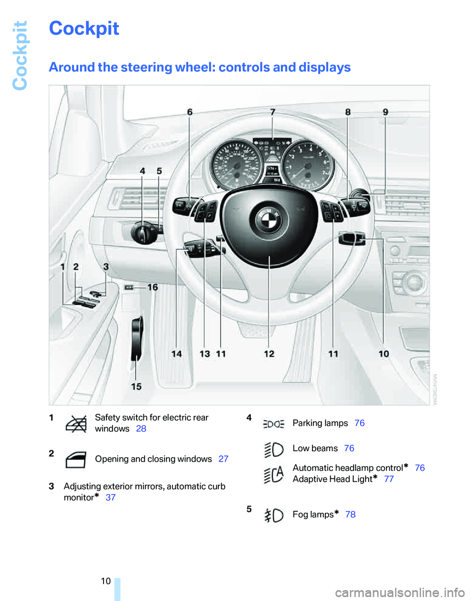 BMW 325I 2005 User Guide Cockpit
10
Cockpit
Around the steering wheel: controls and displays
3Adjusting exterior mirrors, automatic curb 
monitor
*37
1Safety switch for electric rear 
windows28 
2
Opening and closing windows2