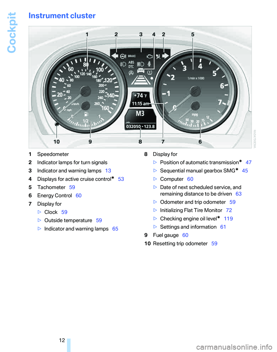 BMW 325I 2005  Owners Manual Cockpit
12
Instrument cluster
1Speedometer
2Indicator lamps for turn signals
3Indicator and warning lamps13
4Displays for active cruise control
*53
5Tachometer59
6Energy Control60
7Display for
>Clock5