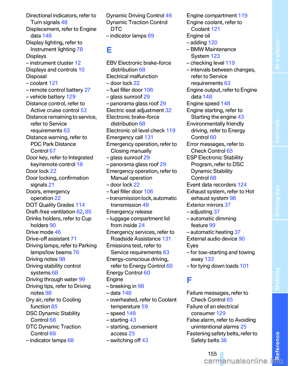 BMW 325I 2005  Owners Manual Reference
At a glance
Controls
Driving tips
Mobility
 155
Directional indicators, refer to 
Turn signals48
Displacement, refer to Engine 
data148
Display lighting, refer to 
Instrument lighting78
Disp