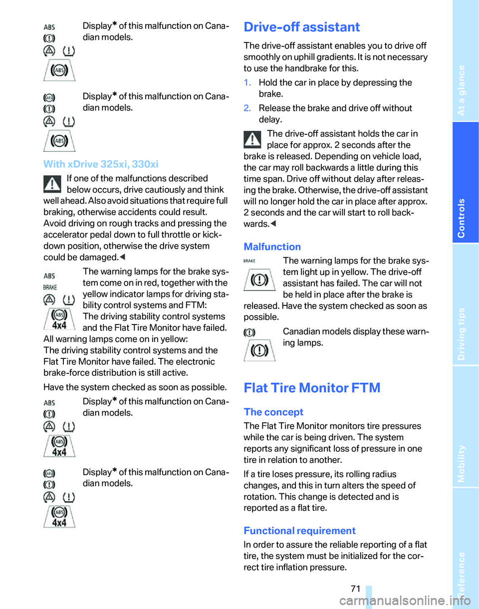 BMW 325I 2005 Manual PDF Reference
At a glance
Controls
Driving tips
Mobility
71
Display* of this malfunction on Cana-
dian models.
Display
* of this malfunction on Cana-
dian models.
With xDrive 325xi, 330xi
If one of the m BMW 325I 2005 Manual PDF Reference
At a glance
Controls
Driving tips
Mobility
71
Display* of this malfunction on Cana-
dian models.
Display
* of this malfunction on Cana-
dian models.
With xDrive 325xi, 330xi
If one of the m