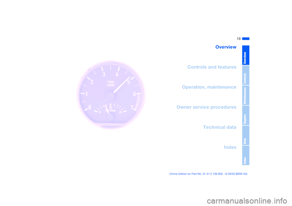 BMW 325I 2003 User Guide  
13
 
Overview
Controls and features
Operation, maintenance
Owner service procedures
Technical data
Index
 
OverviewControlsMaintenanceRepairsDataIndex
 
handbook.book  Page 13  Saturday, July 27, 20
