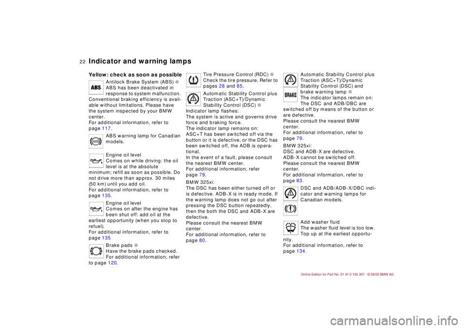 BMW 325I 2001  Owners Manual 22n
Indicator and warning lampsYellow: check as soon as possible
Antilock Brake System (ABS) l
ABS has been deactivated in 
response to system malfunction. 
Conventional braking efficiency is avail-
a