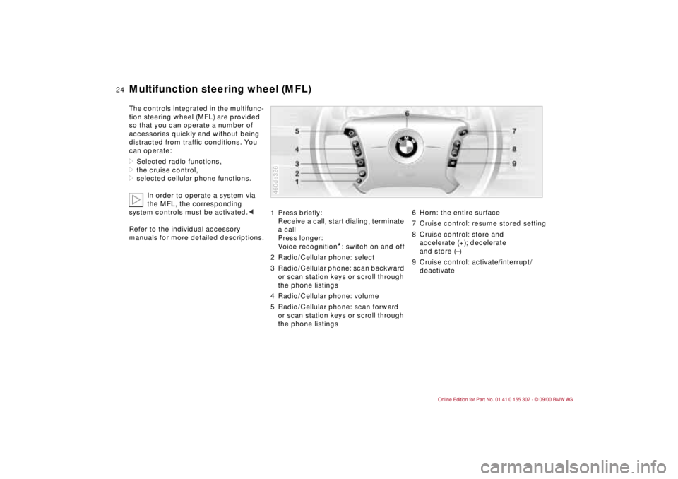BMW 325I 2001 Owners Manual 24n
Multifunction steering wheel (MFL)The controls integrated in the multifunc-
tion steering wheel (MFL) are provided 
so that you can operate a number of 
accessories quickly and without being 
dist