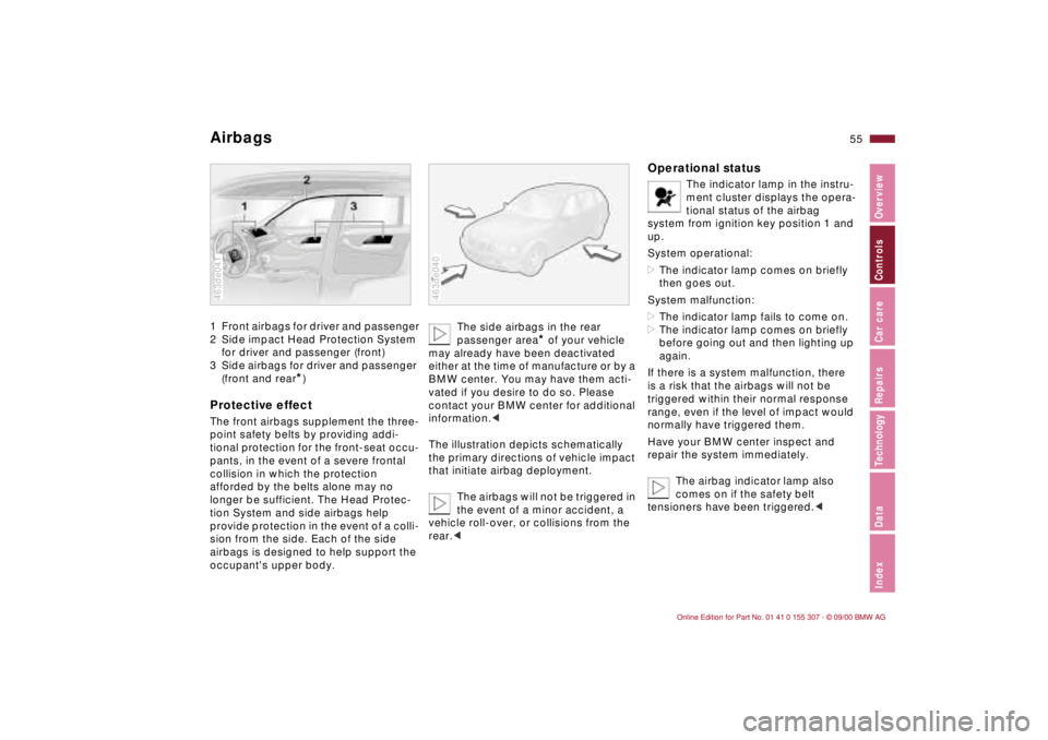 BMW 325I 2001  Owners Manual 55n
IndexDataTechnologyRepairsCar careControlsOverview
Airbags1 Front airbags for driver and passenger
2 Side impact Head Protection System 
for driver and passenger (front)
3 Side airbags for driver 