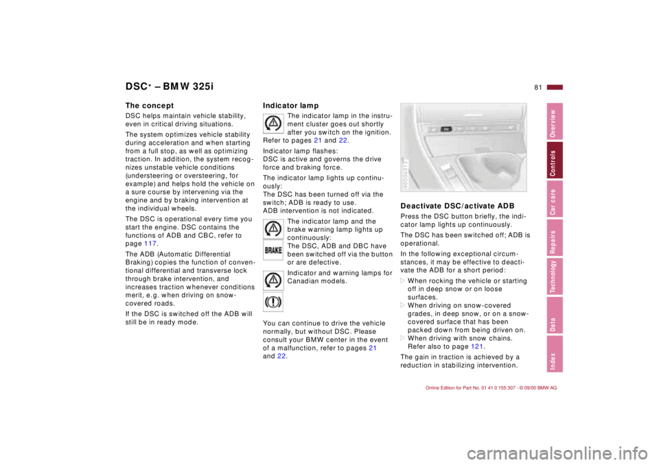 BMW 325I 2001  Owners Manual 81n
IndexDataTechnologyRepairsCar careControlsOverview
DSC
* Ð BMW 325i
The concept DSC helps maintain vehicle stability, 
even in critical driving situations. 
The system optimizes vehicle stability