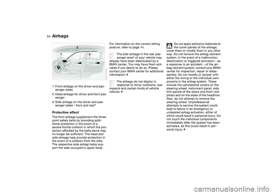BMW 325I SPORT WAGON 2001  Owners Manual 54Passenger safety systems
Airbags1Front airbags on the driver and pas-
senger sides
2Head airbags for driver and front pas-
senger
3Side airbags on the driver and pas-
senger sides – front and rear